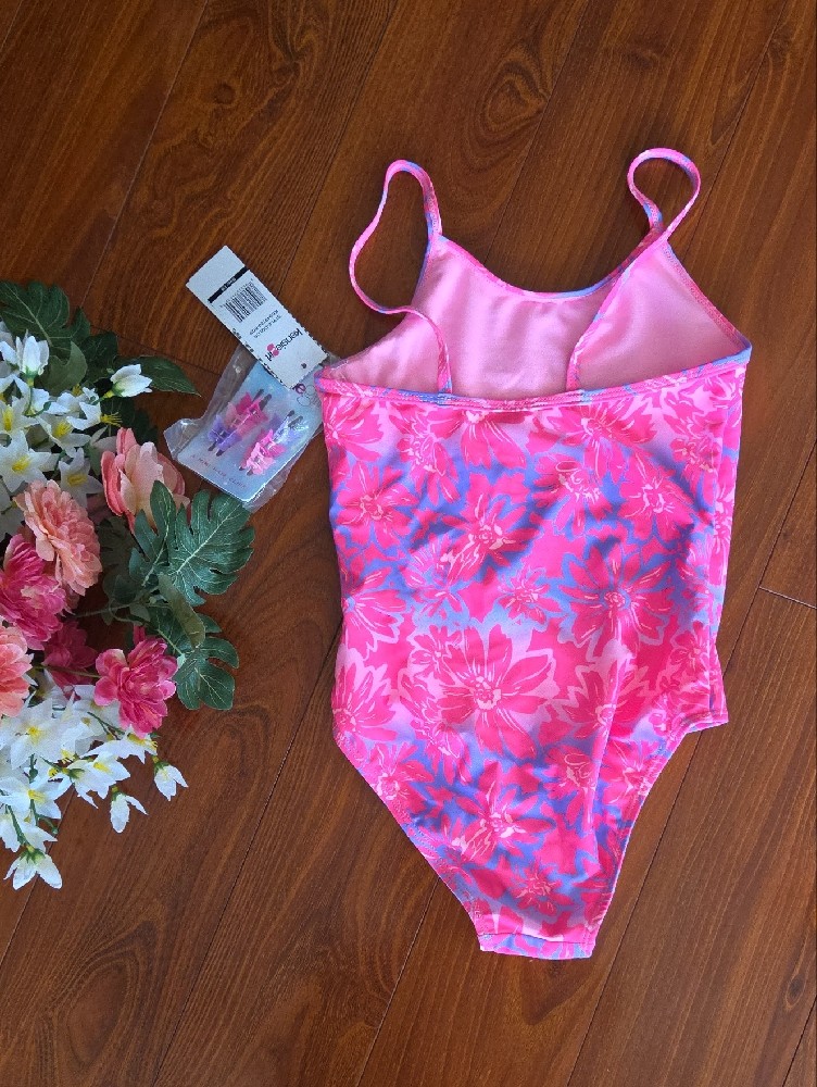 Kensie Girls Pink Floral One-Piece Swimsuit With Hair Clips; Size Girls 7/8 — image 2 of 8